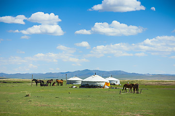 Image showing Yurts and horses in Mongolia