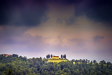 Image showing tuscany landscape with dark storm clouds