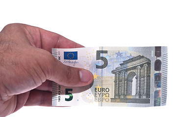 Image showing New ticket 5 euros in man hand