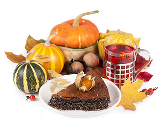 Image showing poppy pie, autumn leaves and pumpkins