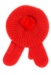 Image showing Red knitted hat with pamponom with gloves