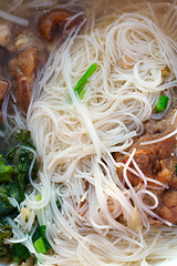 Image showing Thai soup with noodles and meat