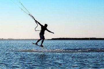 Image showing Silhouette of a kitesurfer