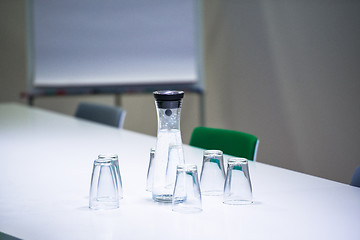 Image showing Water bottle and glasses in meeting room