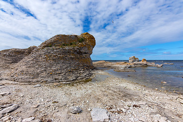Image showing Limestone cliff on the rocky coast of Gotland, Sweden