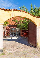 Image showing Colorful patio in a Swedish town Visby