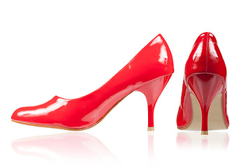 Image showing Red shoes on a thin heel. View side and rear