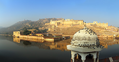 Image showing panorama - fort and lake in Jaipur India