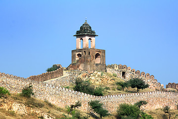 Image showing fortification on top of mountain - Jaipur India