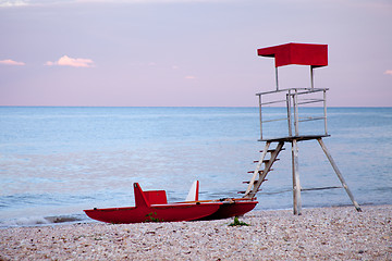 Image showing abandoned lifeguard tower and boat