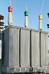 Image showing transformer on high power station. High voltage