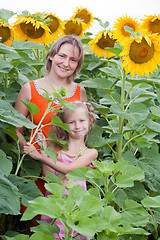 Image showing mother and daughter standing at sunflowers field