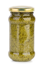 Image showing Glass jar with pesto sauce