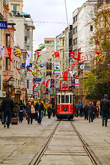 Image showing Old-fashioned red tram at the street of Istanbul