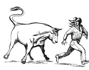 Image showing Rodeo Bull Chasing Cowboy