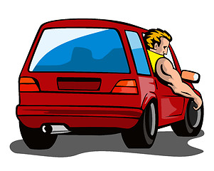 Image showing Red Car Station Wagon with Man