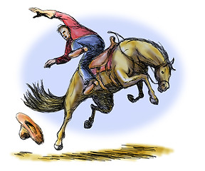 Image showing Rodeo Cowboy Falling off Horse
