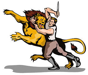 Image showing Man Fighting Lion Retro