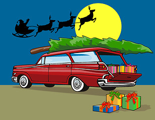 Image showing Station Wagon Christmas with Santa on Sleigh