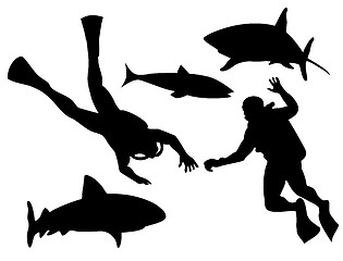 Image showing Scuba Divers and Sharks Silhouette