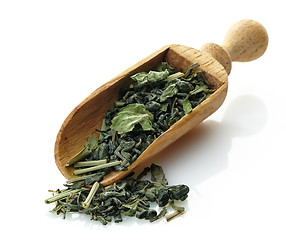 Image showing wooden scoop with green tea and mint