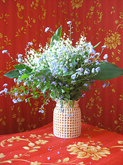 Image showing bouquet of lilies of the valley and blue flowers