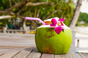 Image showing Coconut drink on the wooden table