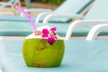 Image showing Sunbathing with coconut drink