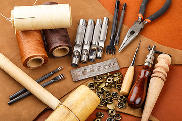 Image showing Homemade leather craft tool and accessories