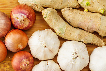 Image showing Group of ginger, garlic and allium ascalonicum