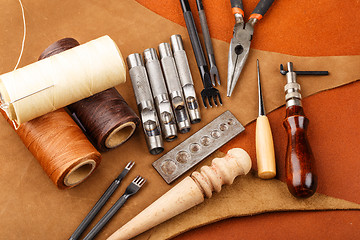 Image showing Homemade leather craft tool and accessories