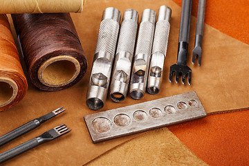 Image showing Homemade leather craft tool and accessories