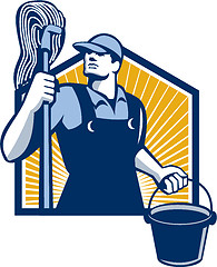 Image showing Janitor Cleaner Holding Mop Bucket Retro