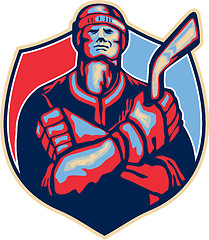 Image showing Ice Hockey Player Front With Stick Retro