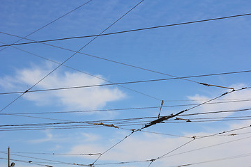 Image showing Railroad railway catenary lines against clear blue sky. 