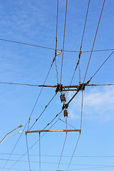 Image showing Railroad railway catenary lines against clear blue sky. 