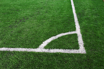 Image showing Soccer green field artificial grass with white lines 