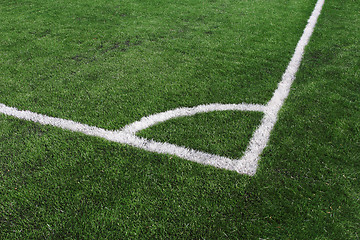 Image showing Soccer green field artificial grass with white lines 