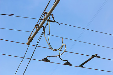 Image showing Railroad railway catenary lines against clear blue sky. 