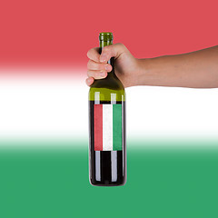 Image showing Hand holding a bottle of red wine