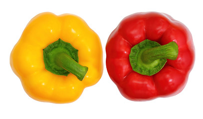 Image showing Top view, red and yellow sweet  bell pepper isolated on white ba