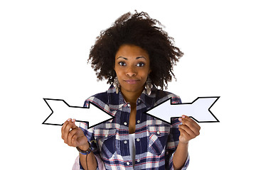 Image showing Young african american holding blank arrows