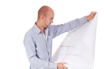 Image showing young adult businessman architect with blueprint 