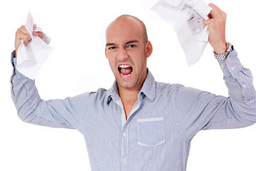 Image showing businessman angry expression paperwork isolated