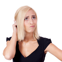 Image showing young businesswoman thoughtful pensive guess portrait