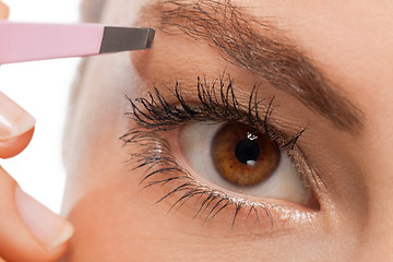 Image showing youtg beautiful woman eyebrow plucking tweezers eyes hair 