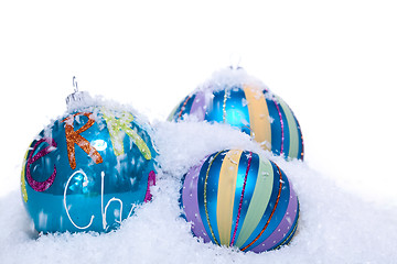 Image showing christmas decoration baubles in blue and turquoise isolated