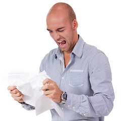 Image showing businessman angry expression paperwork isolated