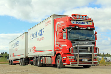 Image showing Red Scania With DB Schenker Trailer