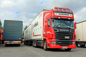 Image showing Red Scania R500 V8 With DB Schenker Trailer